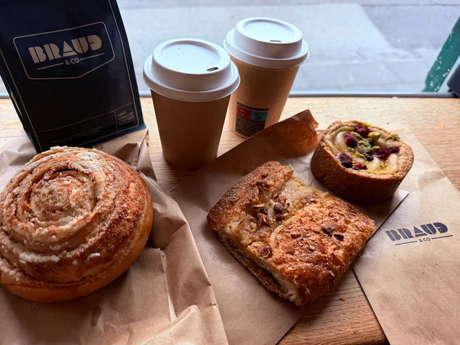 Pastries and coffee from Brau&eth; & Co bakery in Reykjav&iacute;k.
