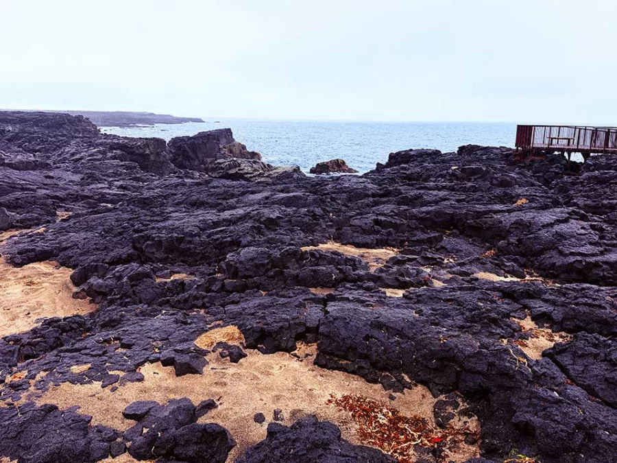 Black lava field and viewing platform near Brimketill in Iceland