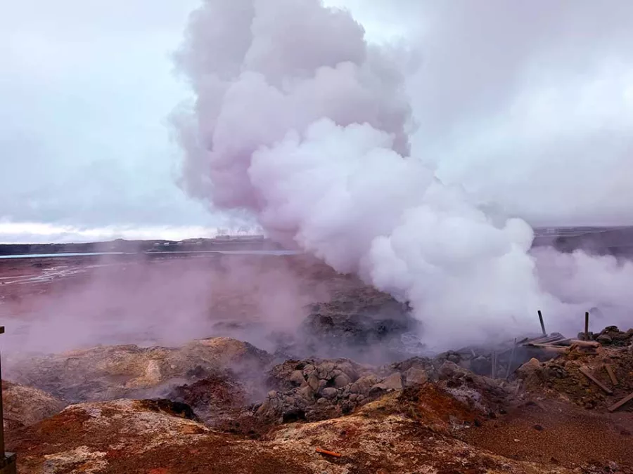 Large steam plume rising from Gunnuhver geothermal area in Reykjanes