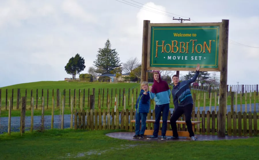 Hobbiton Movie Set sign at the visitor check-in area near Matamata New Zealand