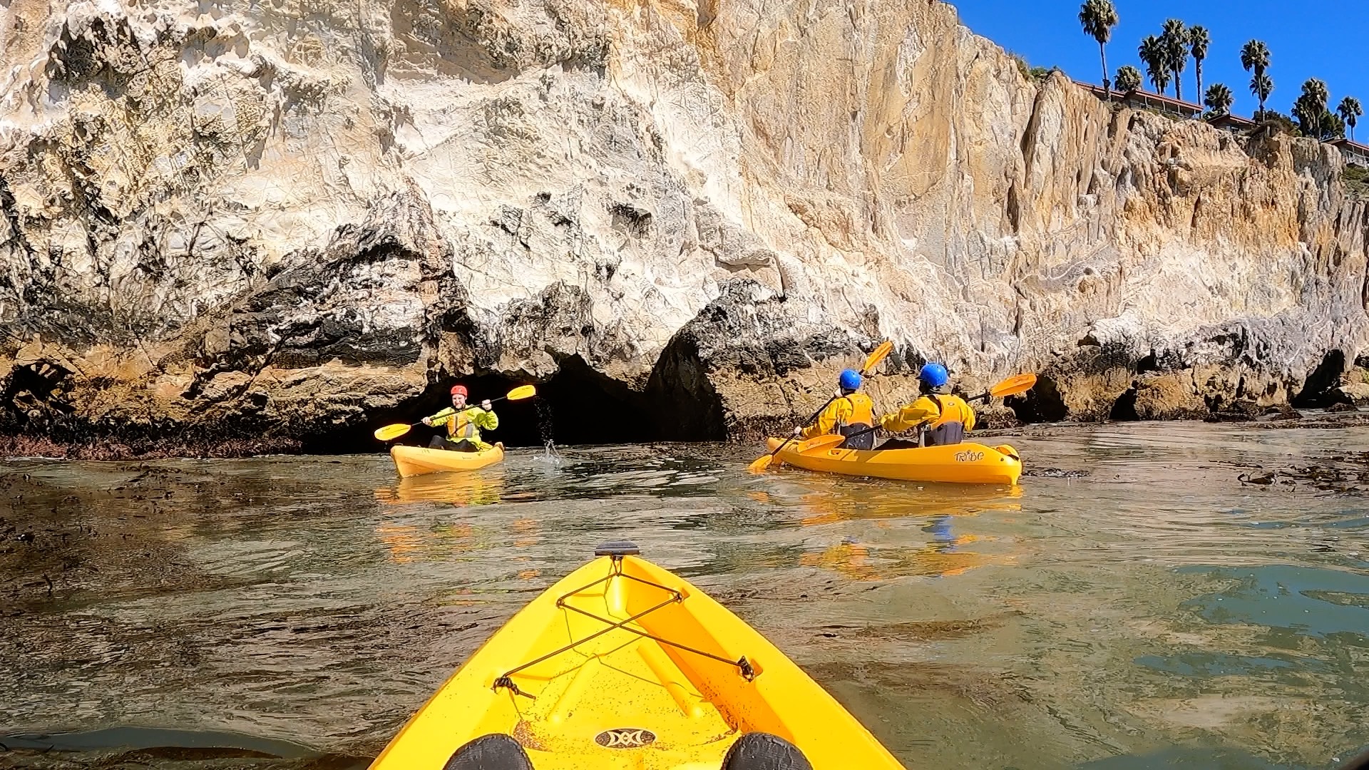 a group of kayakers wait as another exits a sea cave