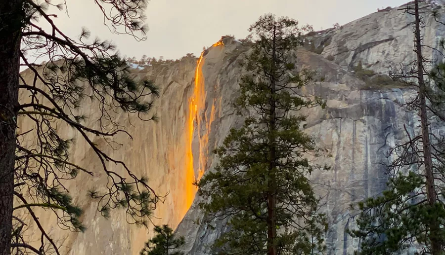 Yosemite Firefall glowing orange on Horsetail Fall in winter