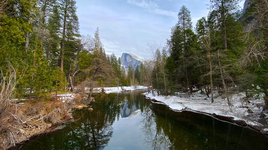 Half Dome reflected in the Merced River during winter in Yosemite Valley