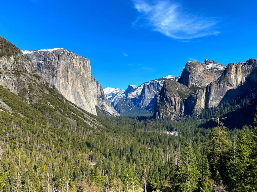 Yosemite Valley in winter with El Capitan and Half Dome from a scenic overlook