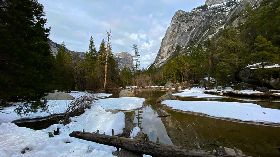 Merced River reflection with snow and trees in Yosemite Valley during winter